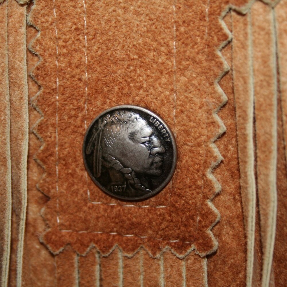 Tribe America Tan Genuine Suede Leather, Fringe along the yoke and sleeves Sz 10 - Picture 13 of 14